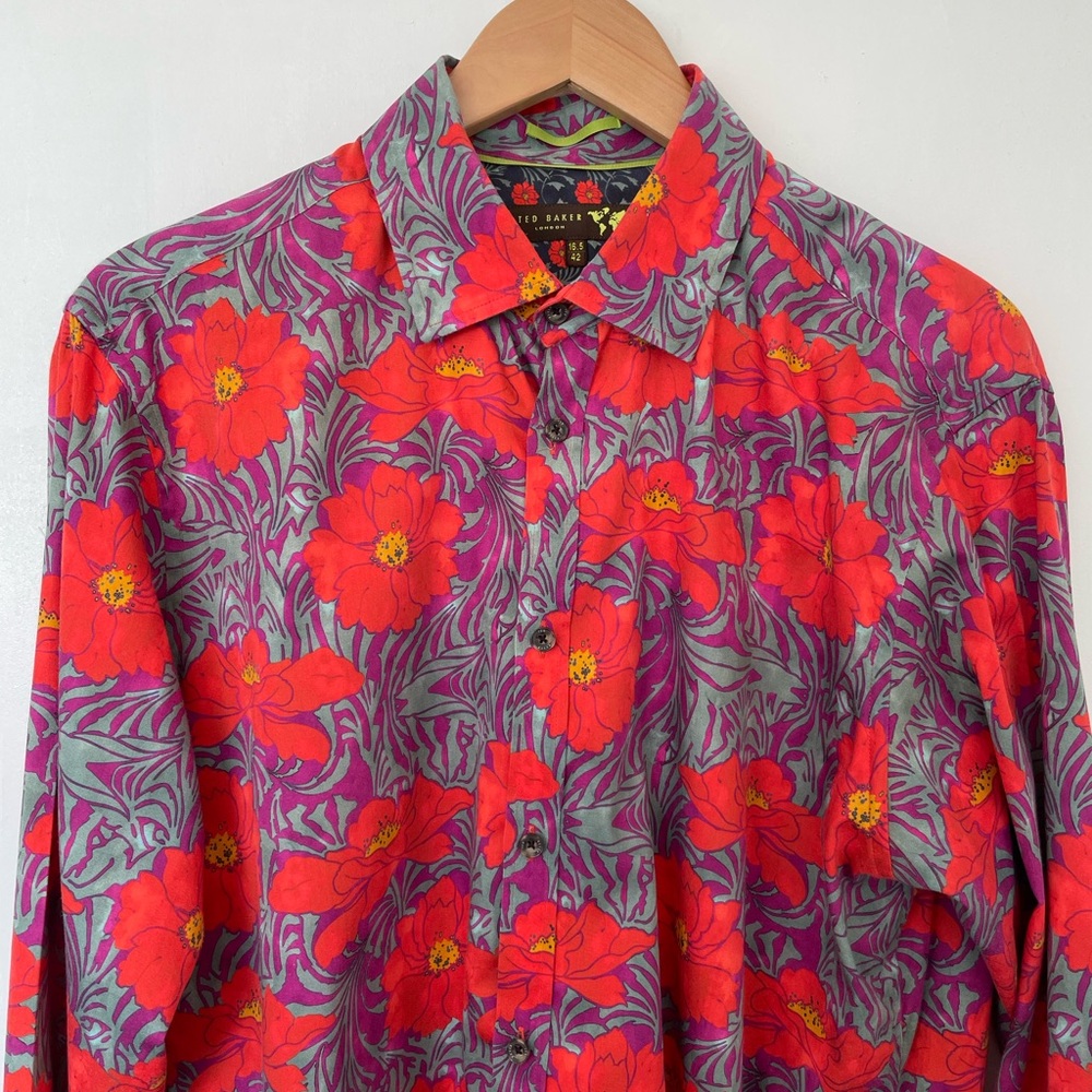 Ted Baker Men's Red Floral Button-Down Shirt with Purple Accents